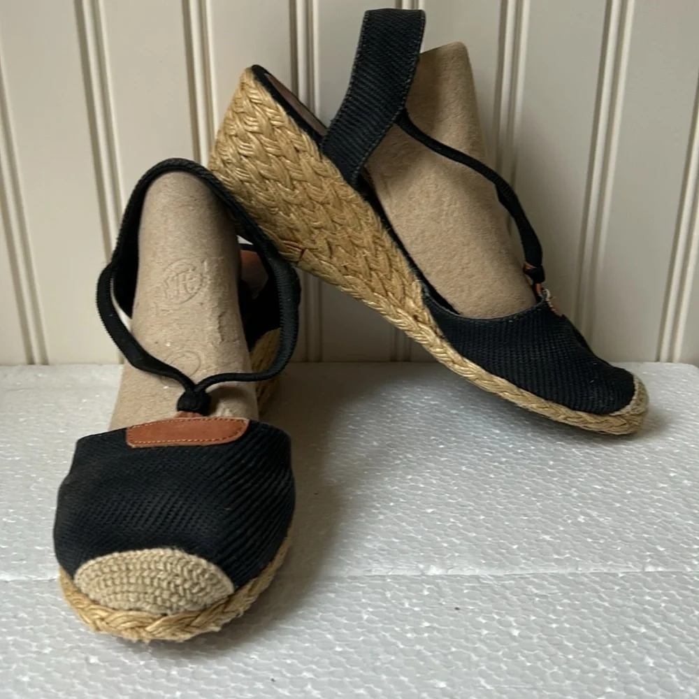 Lauren Ralph Lauren womens wedge 2.5” woven straw heel espadrilles size 8 black